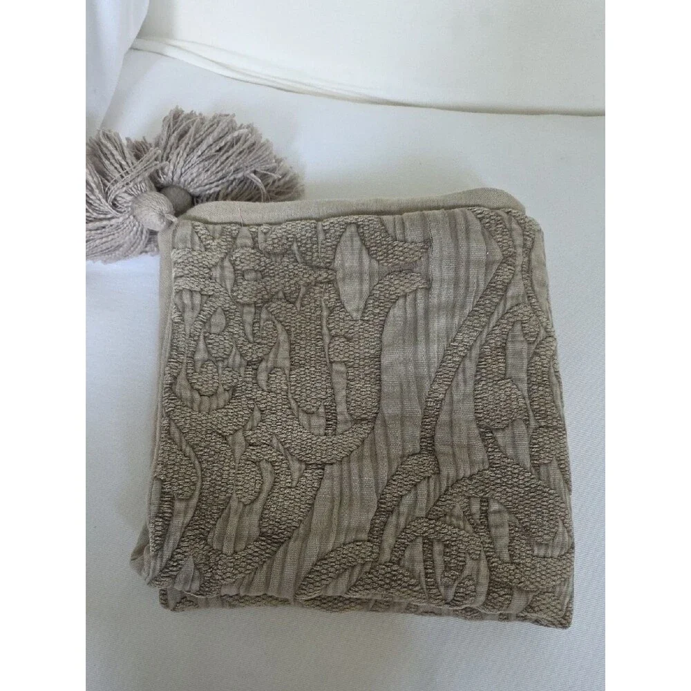 Pottery Barn Taupe 3D Texture Tassels Accent Pillow Cover 21x22 Linen Blend